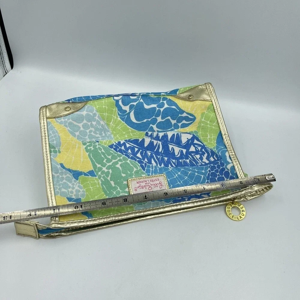 Estee Lauder Lilly Pulitzer Cosmetic Makeup bag Blue Green Gold Trim